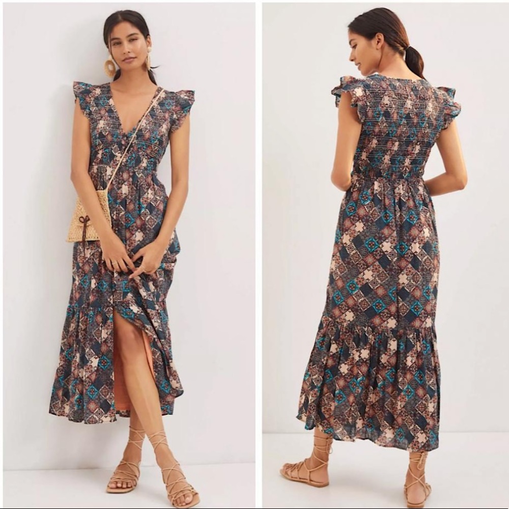 Anthropologie The Peregrine Dress- Smoked Ruffle Midi Dress- Blue Patchwork